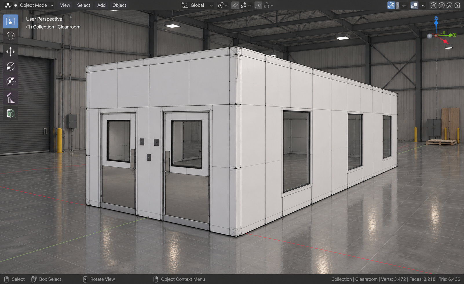 Three-dimensional engineering visualization of a modular cleanroom